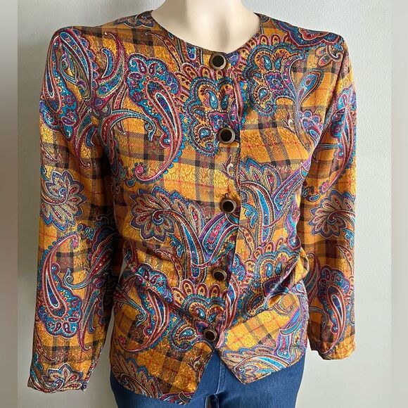 Vintage Courtney Blake Blouse Paisley Plaid Mix Button Front Retro Top M ILGWU - Picture 1 of 9